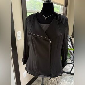 Elegant Black Moto Zipper Jacket with Sheer Sleeve